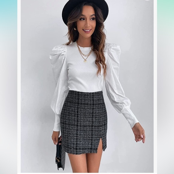 Tweed / plaid mid waist bodycon mini skirt in black / white - Picture 2 of 9